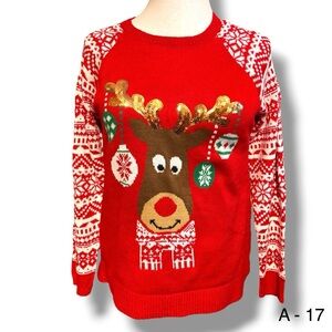 No Boundaries Ugly Christmas Sweater Red  Sz XXL (19) Jrs Reindeer Ornaments